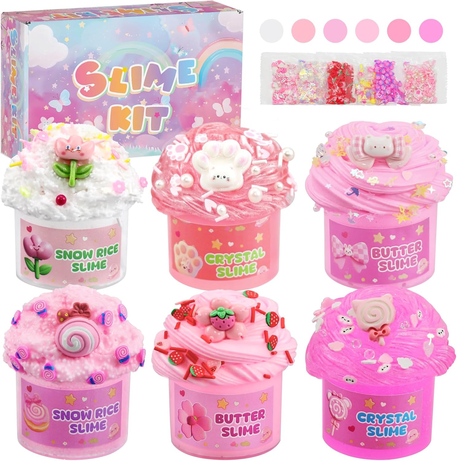 6-Piece Pink Color Gradient Slime Set Snow Ice Butter Crystal for Children Birthday/Christmas DlY Craft Set for Girls and Boys