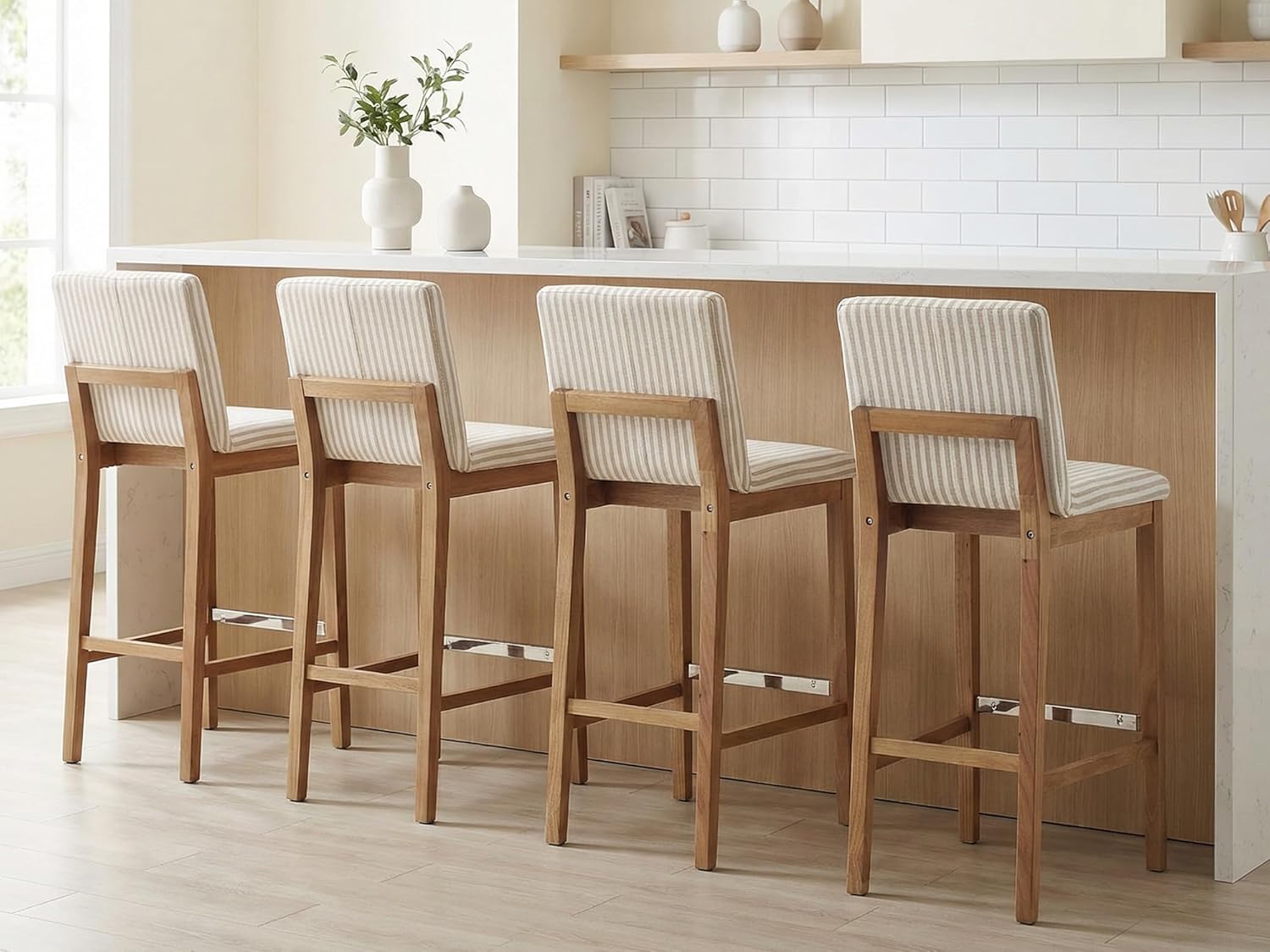 Bar Stools for Kitchen Island Set of 4, Linen Fabric Upholstered Wood Barstools with Back, 30 Inch Mid Century Stool Chairs for Home Bar/Patio/Cafe/Restaurant, Khaki Stripe
