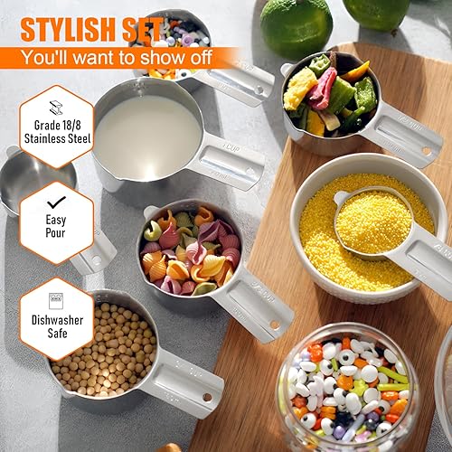 Miniatura 4 de Juego de 7 tazas medidoras apilables de acero inoxidable, resistentes, perfectas para ingredientes secos y líquidos, tazas medidoras anidables para