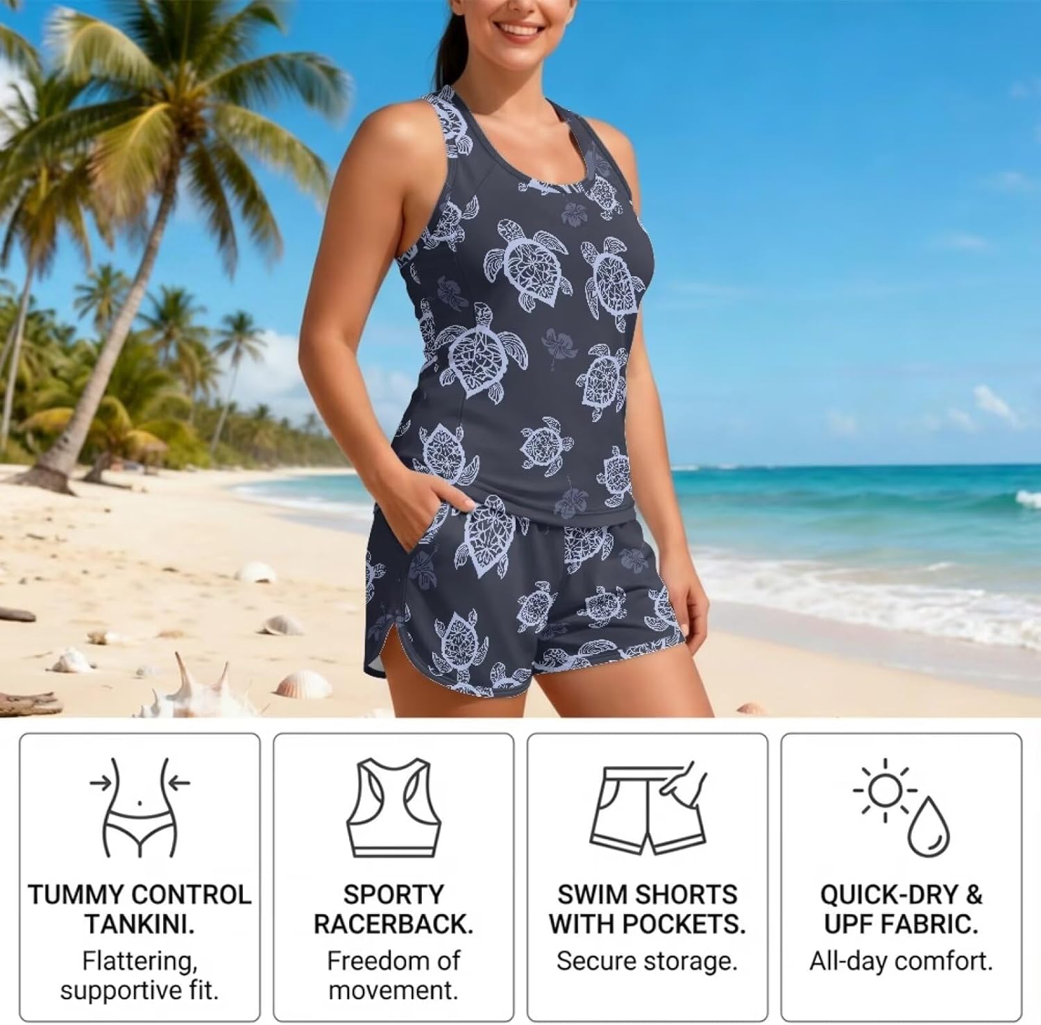 Women's Tankini Swimsuits Tummy Control Bathing Suit with Shorts for Women Two Piece Bathing Suits Built in Padding
