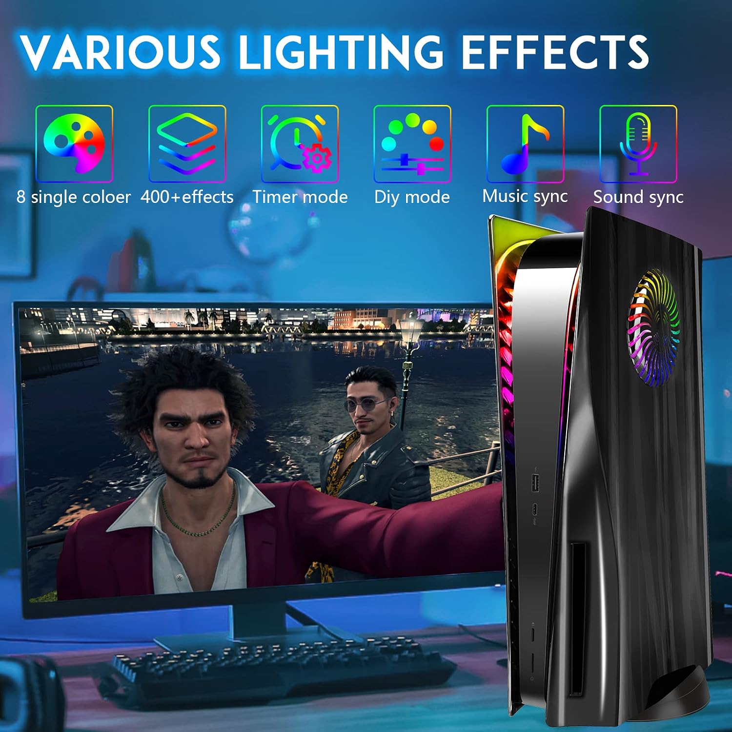SIKEMAY PS5 Accessories Playstation 5 Plates with RGB LED Light Strip, Console Cover Face Plates Side Shell with Cooling Vents, PS5 Lights 8 Color 400+Effects Kit, Custom Dust Skin - Plating Black