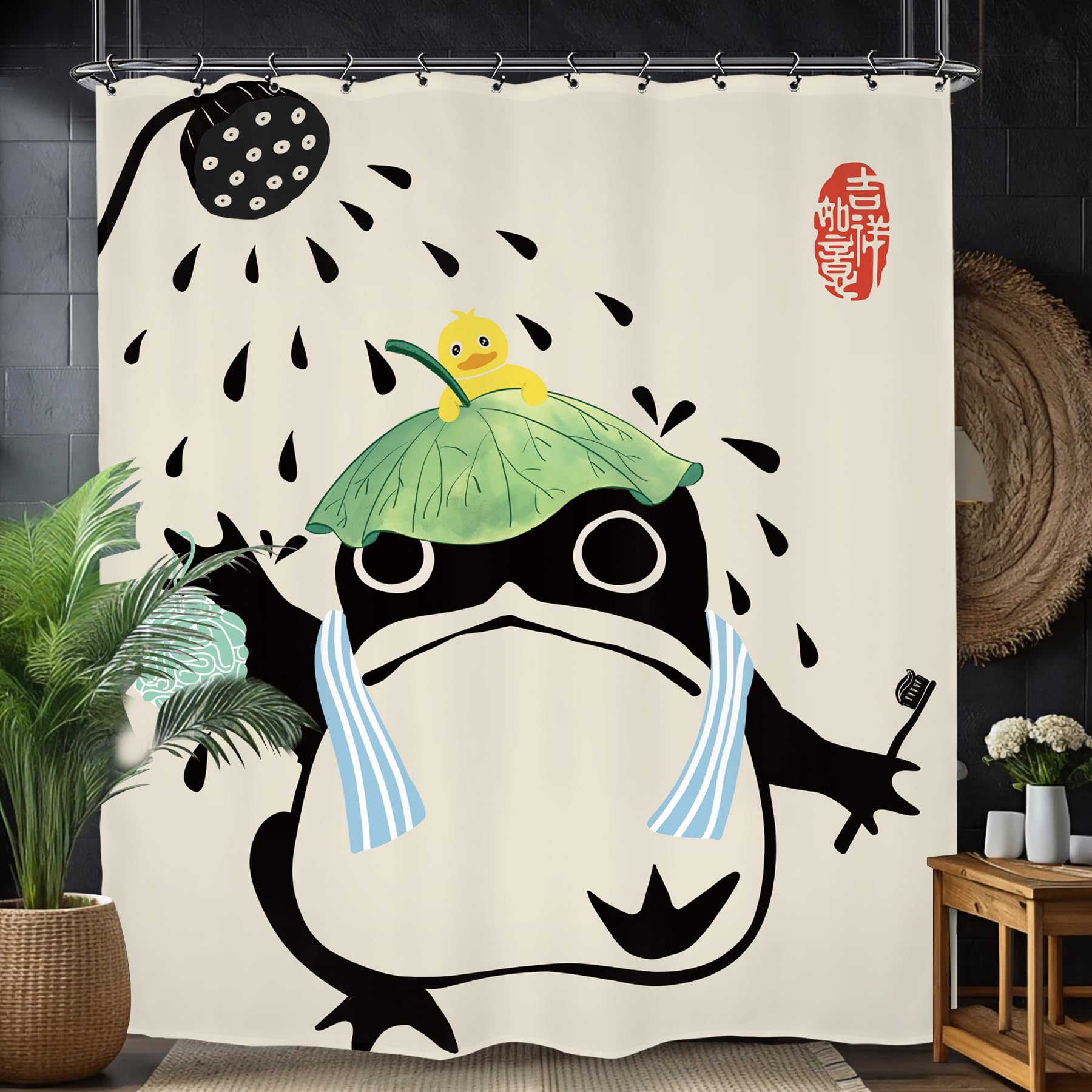 Funny Frog Shower Curtain Set - 71x71 Inch, Japanese Art Style, Waterproof Polyester With 12 Hooks