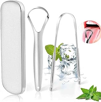 T NEWFUN Stainless Steel Metal Tongue Scraper - Mouthology Tongue Scraper for Adults, Professional Tongue Brush for Oral Care, Improve Bad Breath and Fresh Breath, with Metal Storage Box-2 Pack