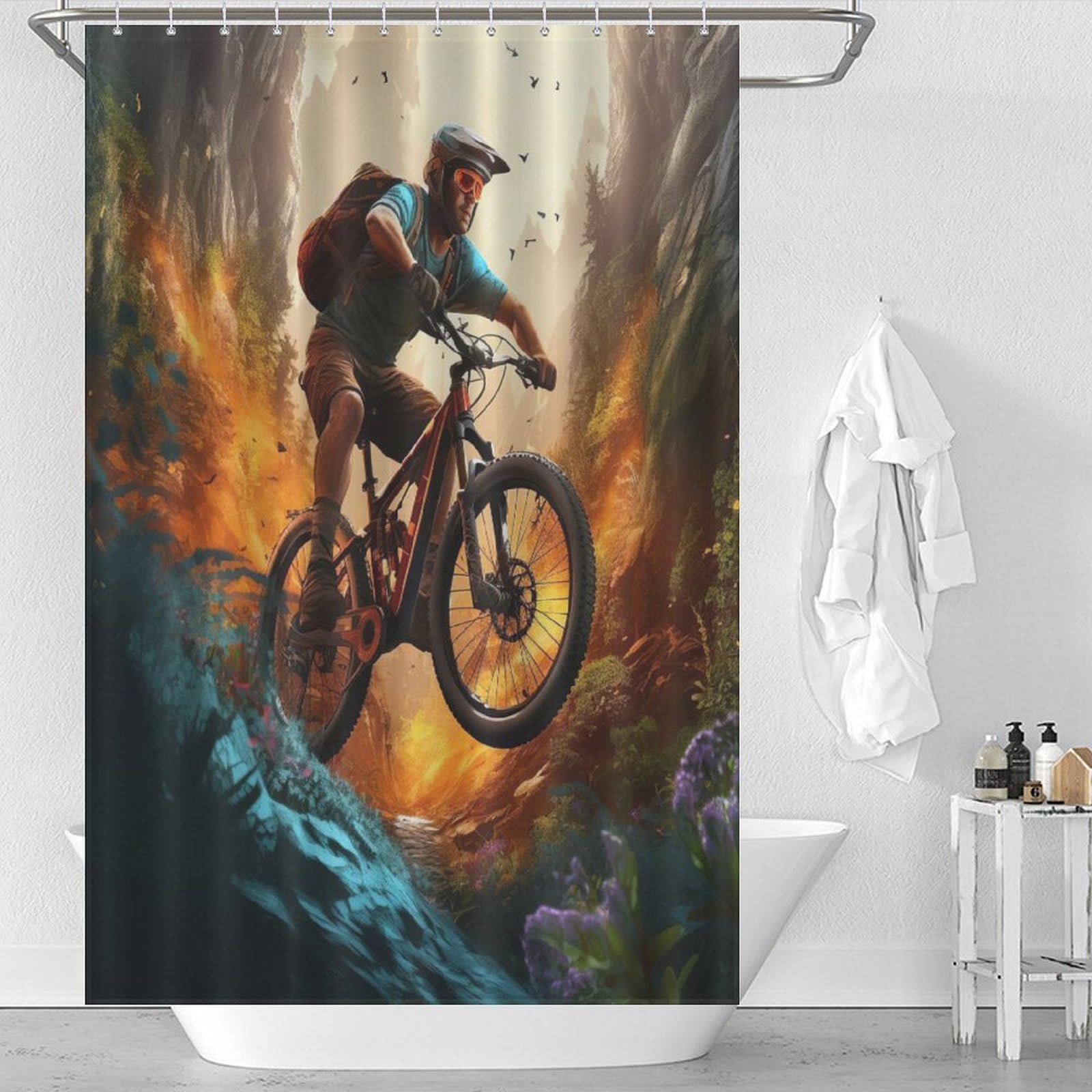 Rideau de douche vélo de montagne en polyester imperméable 122x183cm pour baignoire avec 12 crochets