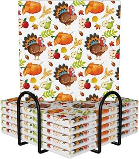 Holiday Thanksgiving Turkey Apple Family Dinner for Ceramic Coaster Set of 6 with Metal Holder - Super Absorbent & Non-Slip Cork Backing, Ideal for Home, (Round, Square, Hexagon Shapes)
