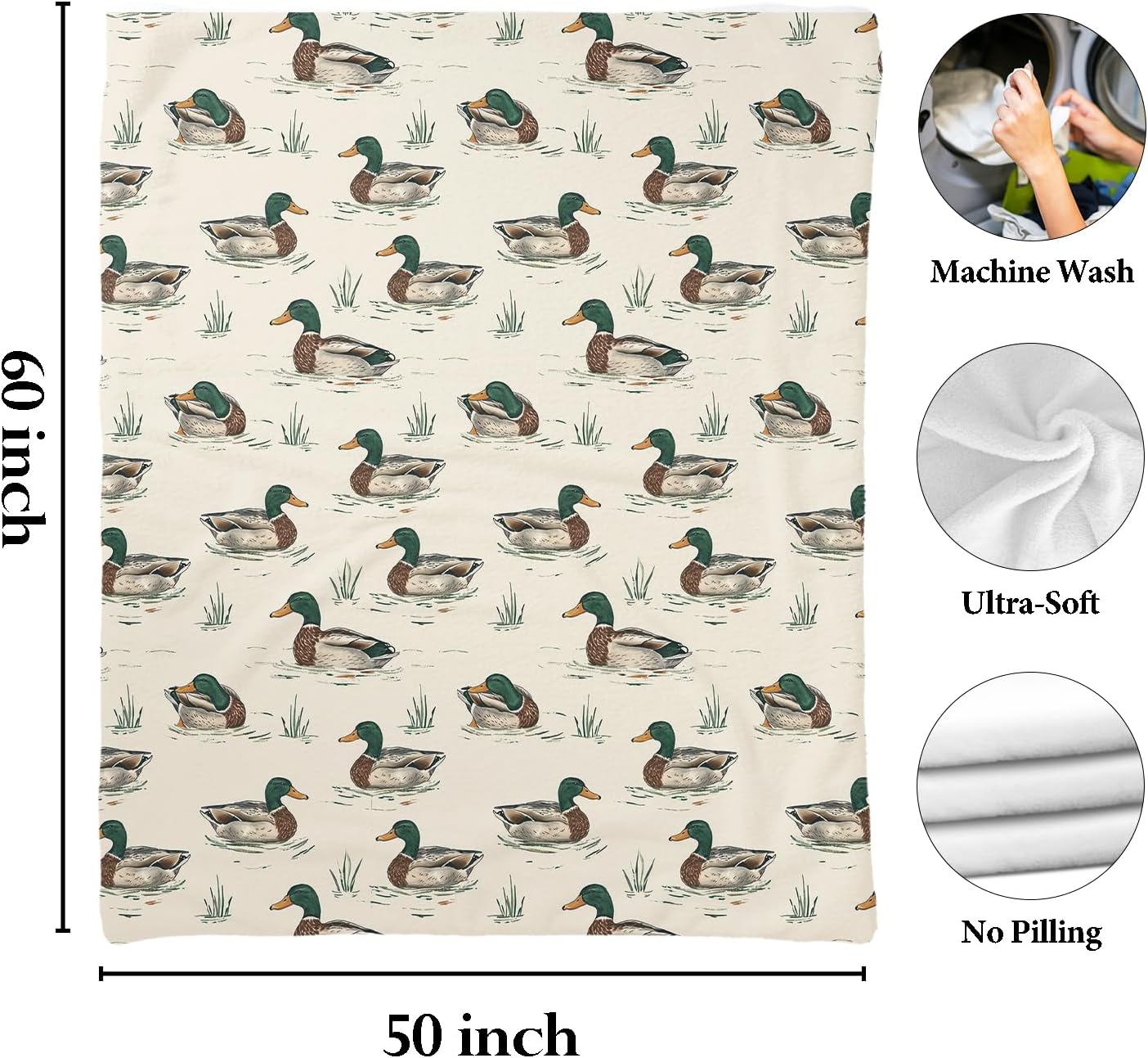 Cute Mallard Duck Throw Blanket for Women, Mallard Duck Girl Gifts, Vintage Nature Blanket, Cozy Soft Kids Throw Blankets Bedding Decor for Couch Bed Chair 60"x50" - Image 5