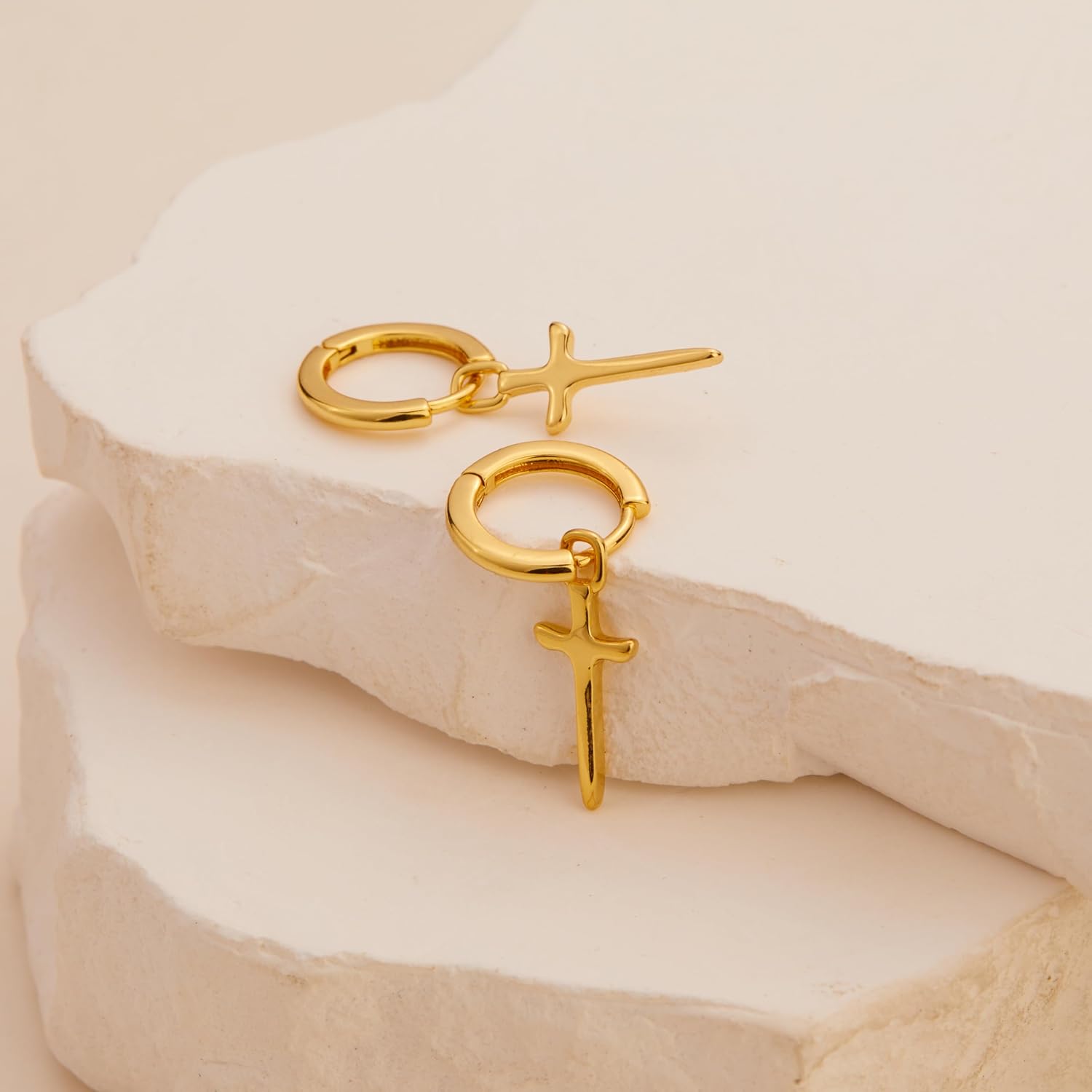 Poxtex Mens Earrings Cross Earrings for Men, 14K Gold Hoop Earrings Men Drop Dangle Small Thick Chunky Sterling Silver Huggie Hoops Hypoallergenic Trendy Dainty Earrings Men Accessories Jewelry Valentine Day Gift