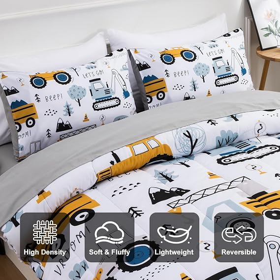 Boy Full Bedding Set, Construction Truck Excavator Comforter Set with Sheet