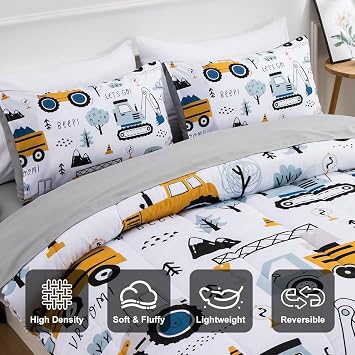Boy Full Bedding Set, Construction Truck Excavator Comforter Set with Sheet