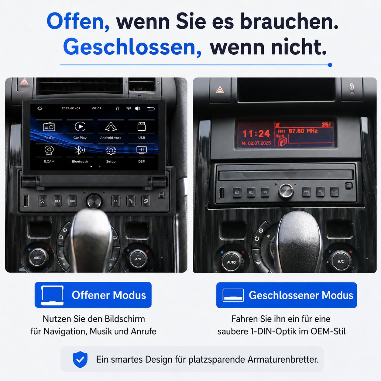 YZKONG 1 DIN Autoradio mit 6,8 Zoll ausfahrbarem Touchscreen, Linux System, Wireless CarPlay Android Auto, Bluetooth FM USB AUX, Mirror Link