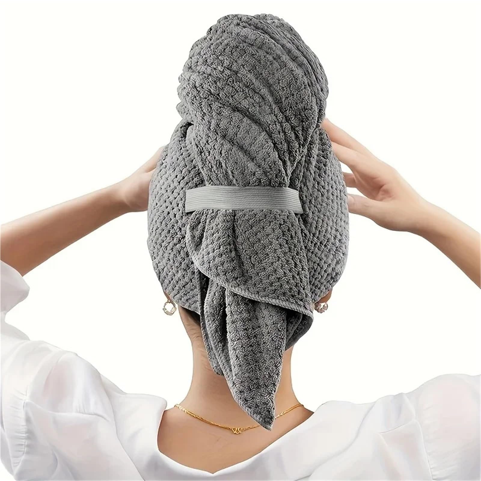 Missffcat Extra Large Microfiber Hair Towel Wrap - 2 Pcs Quick Dry Turban with Elastic Band for All Hair Types