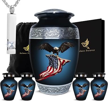 American Eagle Cremation Urns for Human Ashes Adult - Handcrafted Urn Set for Adults - Urns for Men & Women - Metal Memorial Urns Set Black, Set of 5