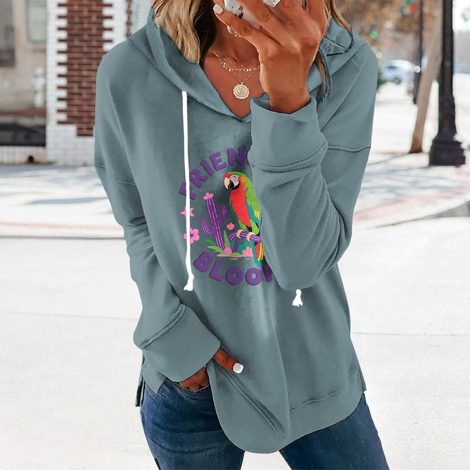 Womens Casual Loose Fit Pullover Sweatshirt with Artistic Print Drawstring Hood Long Sleeve Cotton Blend for Fall - Image 2