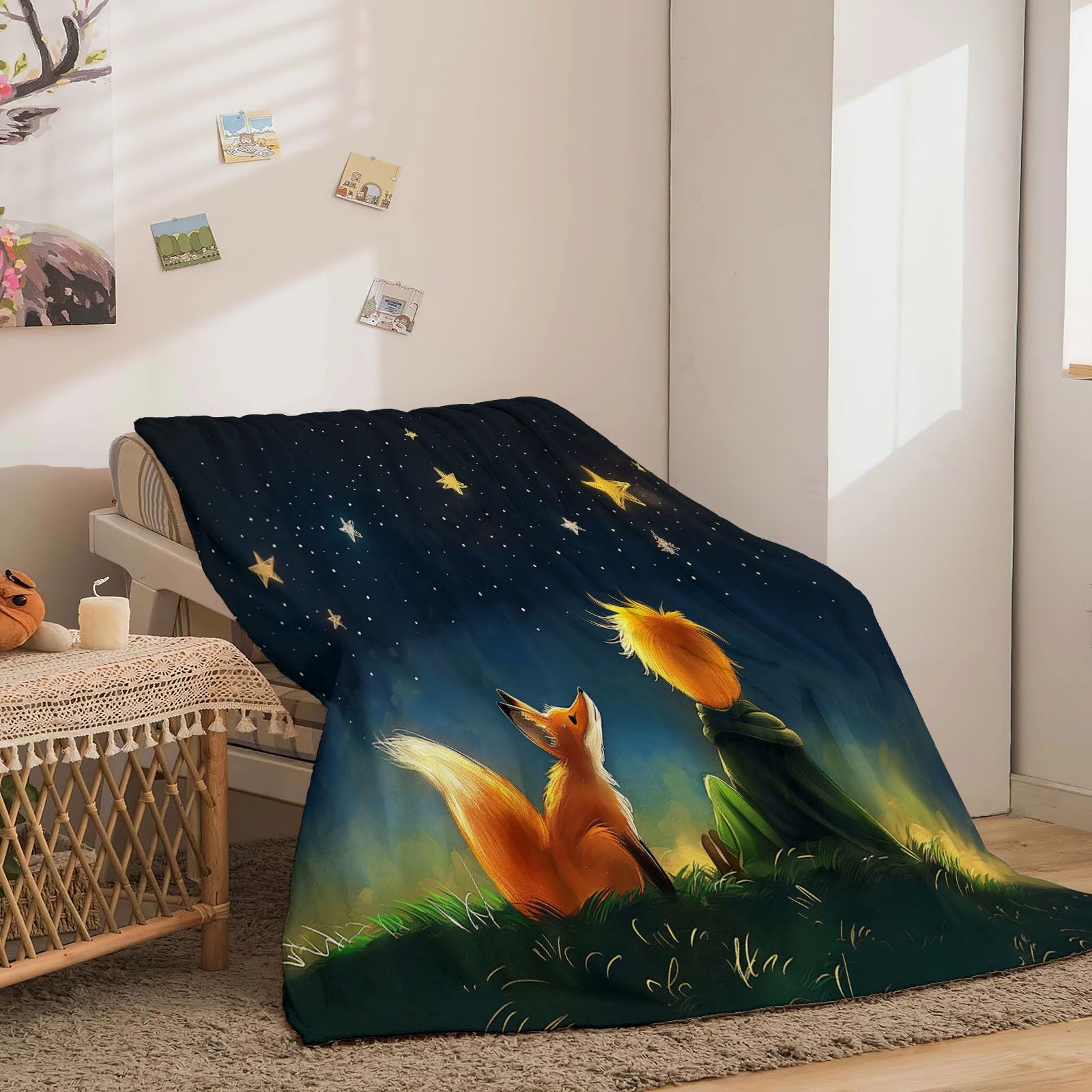 Flanell-Plüsch Kuscheldecke 150 x 200 cm - Fuchs- und Prinz-Motiv unter Sternenhimmel Muster Decken für das Winterschlafzimmer dekorativ Klimaanlagendecke Reisedecke