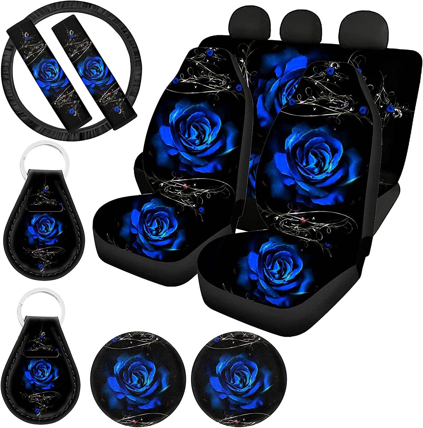 Biyejit Blue Rose Print Car Seat Covers and Steering Wheel