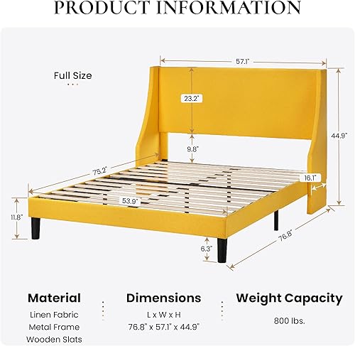 Miniatura 39 de SHA CERLIN Base de cama de plataforma tamaño Queen con cabecero tapizado, elegante diseño de respaldo de alas, soporte de listones de madera