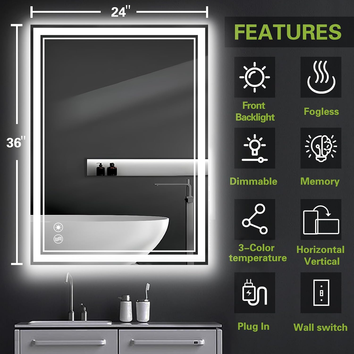 24 x 36'' LED Mirror for Bathroom Anti-Fog Bathroom Mirror Dimmable 3 Colors Memory Function Bathroom Mirror with Lights Smart Vanity Mirror Switch/Plug in Wall Mounted Home Decor Horizontal/Vertical
