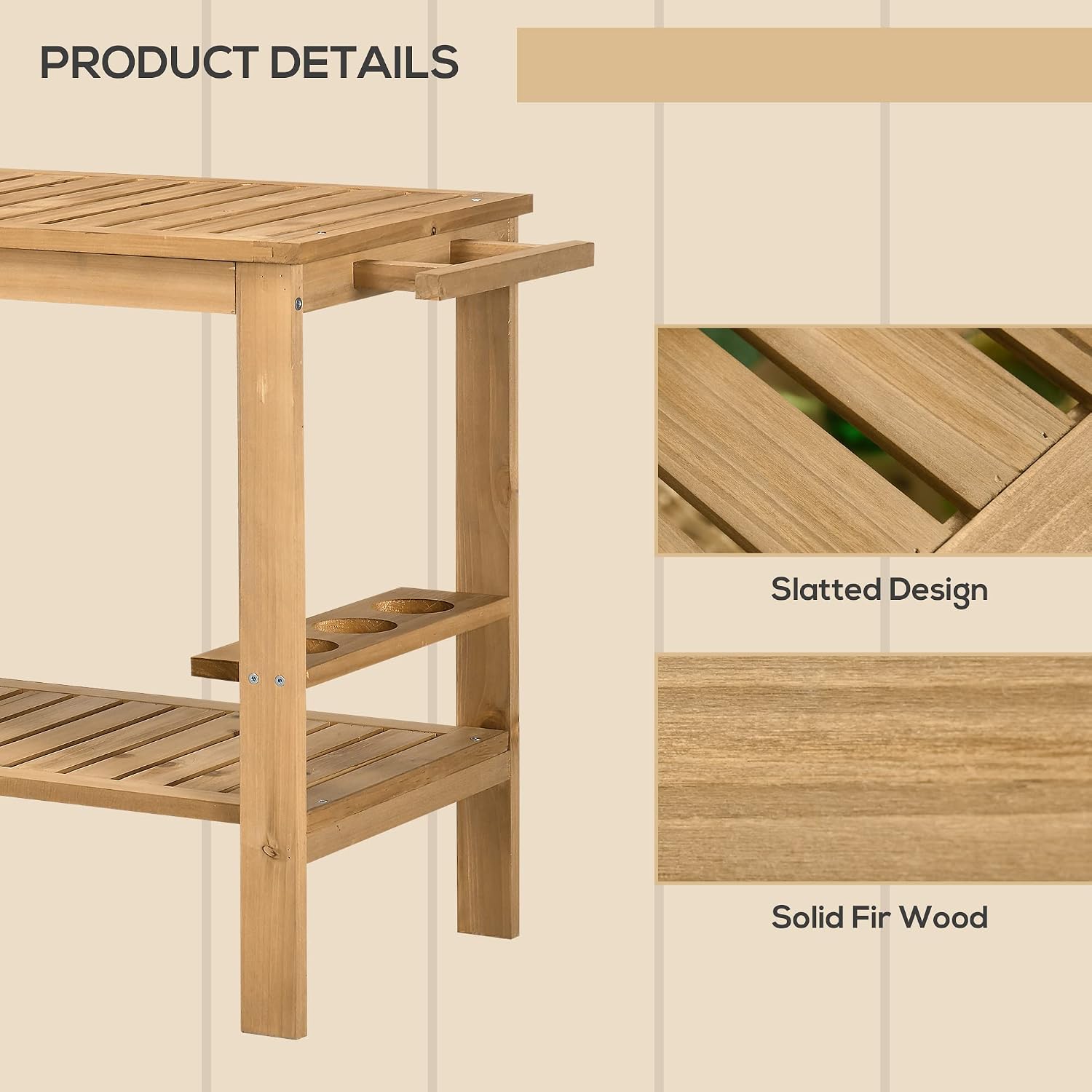 Outsunny Outdoor Bar Cart, Wood Rolling Home Bar and Serving Cart with 2 Shelves, Wine Bottle Holders for Garden, Patio, Dining Room, Natural