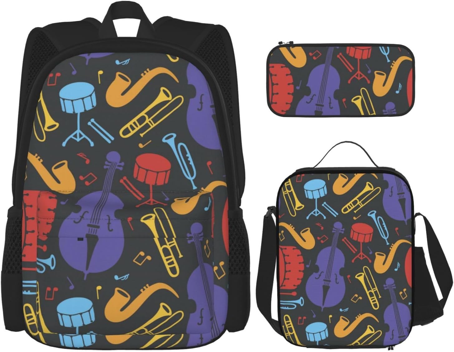 Trumpet Musical Instrument Pattern 3 Piece Backpack Sets With Lunch Bag Pencil Case Combination Hiking Travel Work