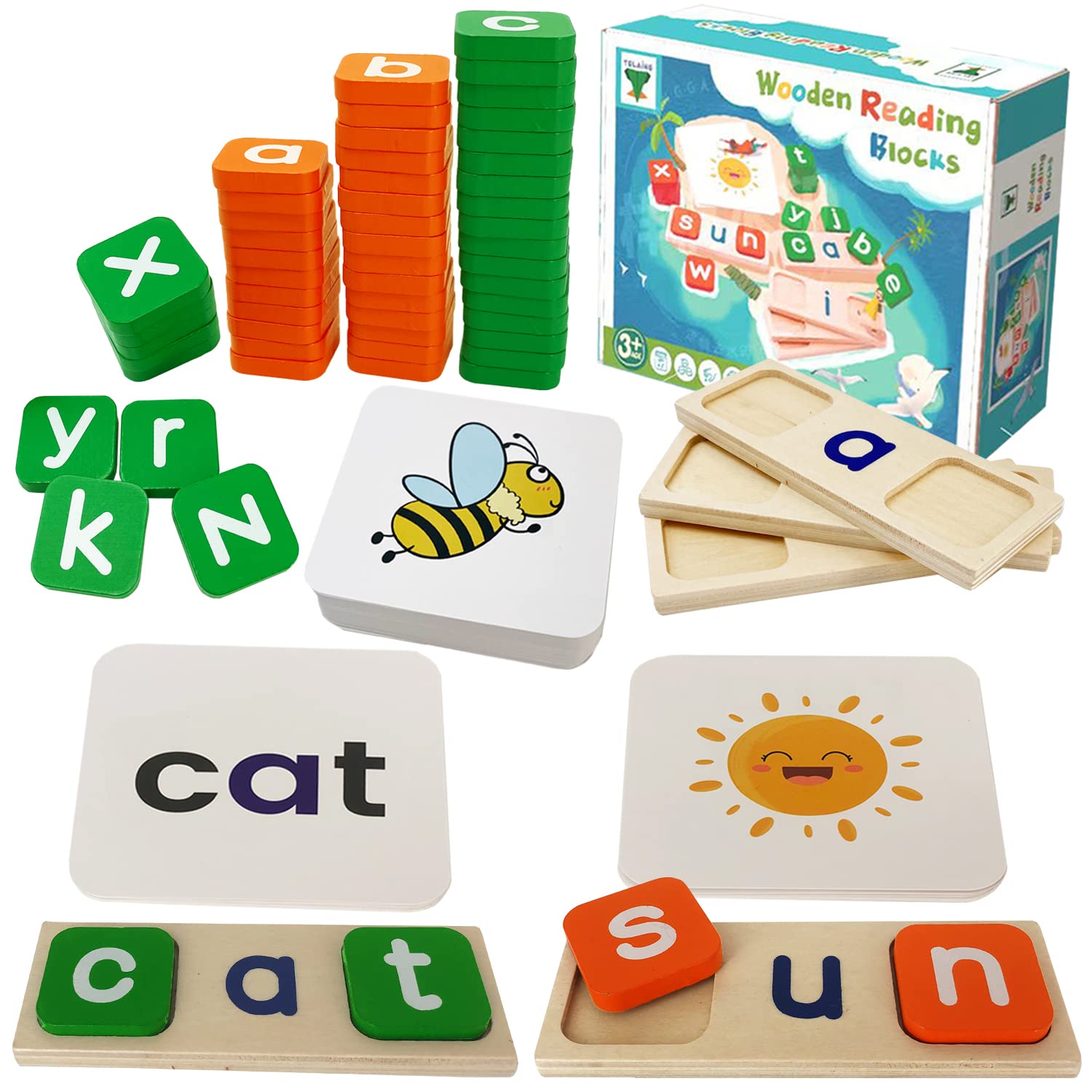 Buy Words Flash Cards Kindergarten, Wooden Short Vowel Reading Letters ...