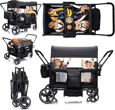 Wagon Stroller for 4 Kids, Luxury 4 Seater All-Terrain Baby Tandem | Push&Pull Foldable Stroller with 5-Point Harness, Adjustable Canopy & Snack Tray for Toddlers Beach Park Outdoor