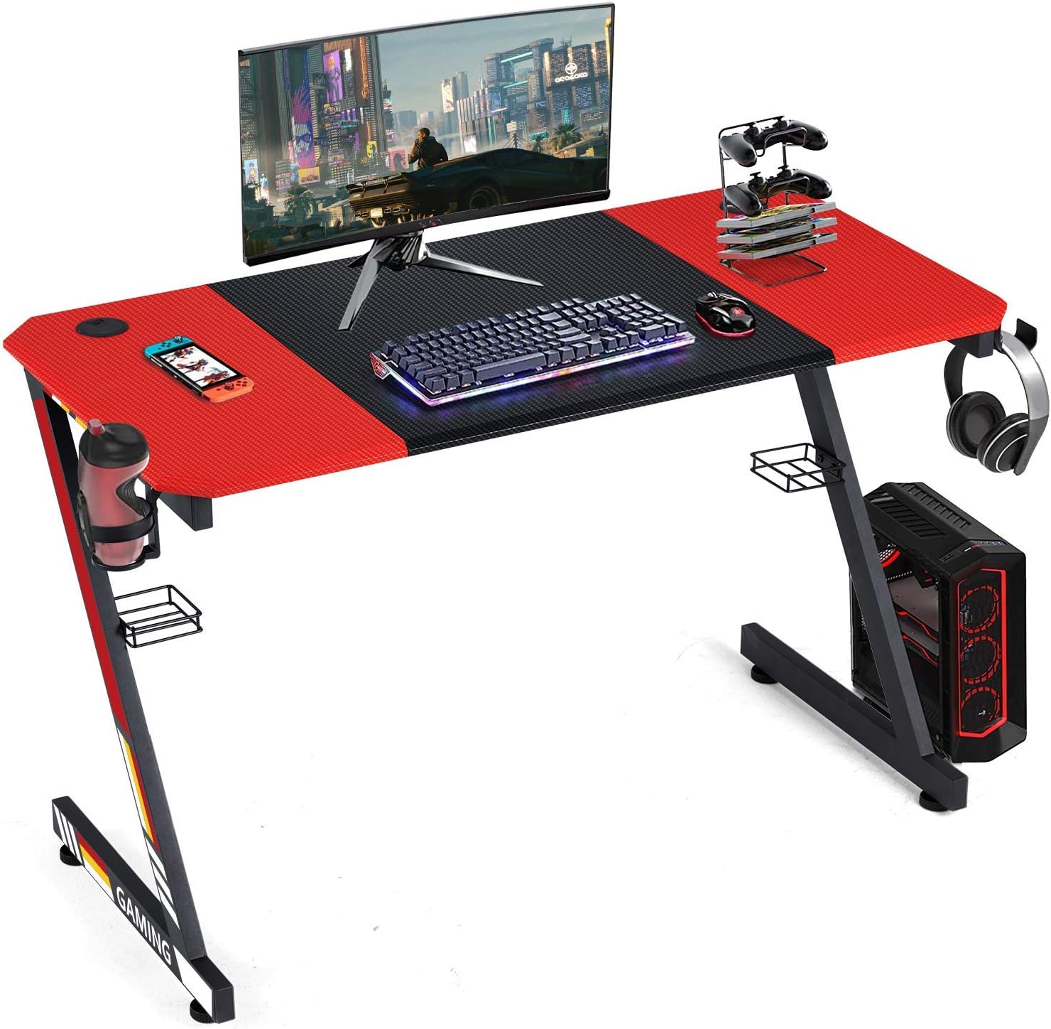 YODOLLA 47.2" Gaming Desk Home Office Computer Table, Gamer Workstation with Cup Holder, Headphone Hook & 2 Cable Management Holes(with 2 Types Sticker)