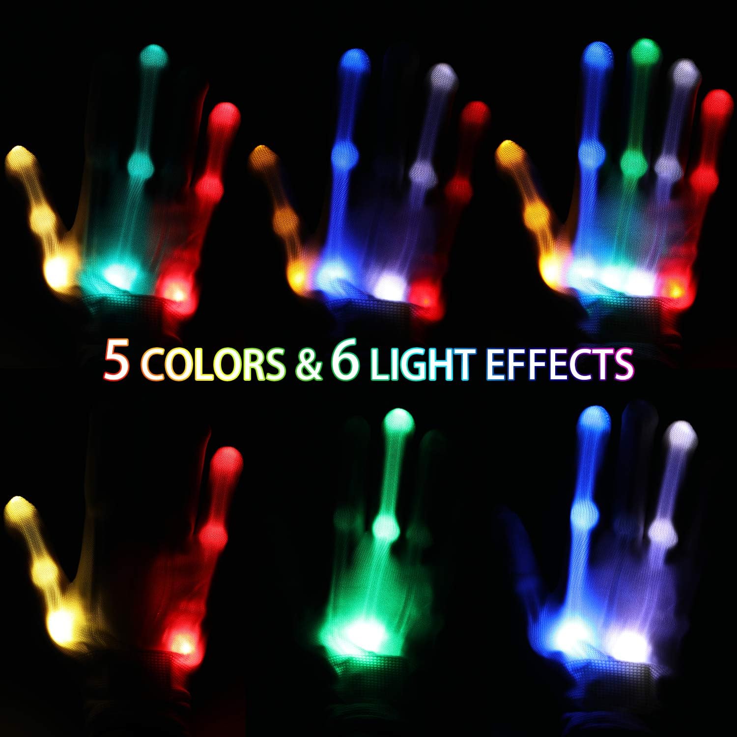 LED Gloves - Light Up Gloves with 5 Colors 6 Modes, LED Gloves for Teens, Christmas, Rave, Birthday, Halloween, Party Supply, Extra Replacement Batteries - White