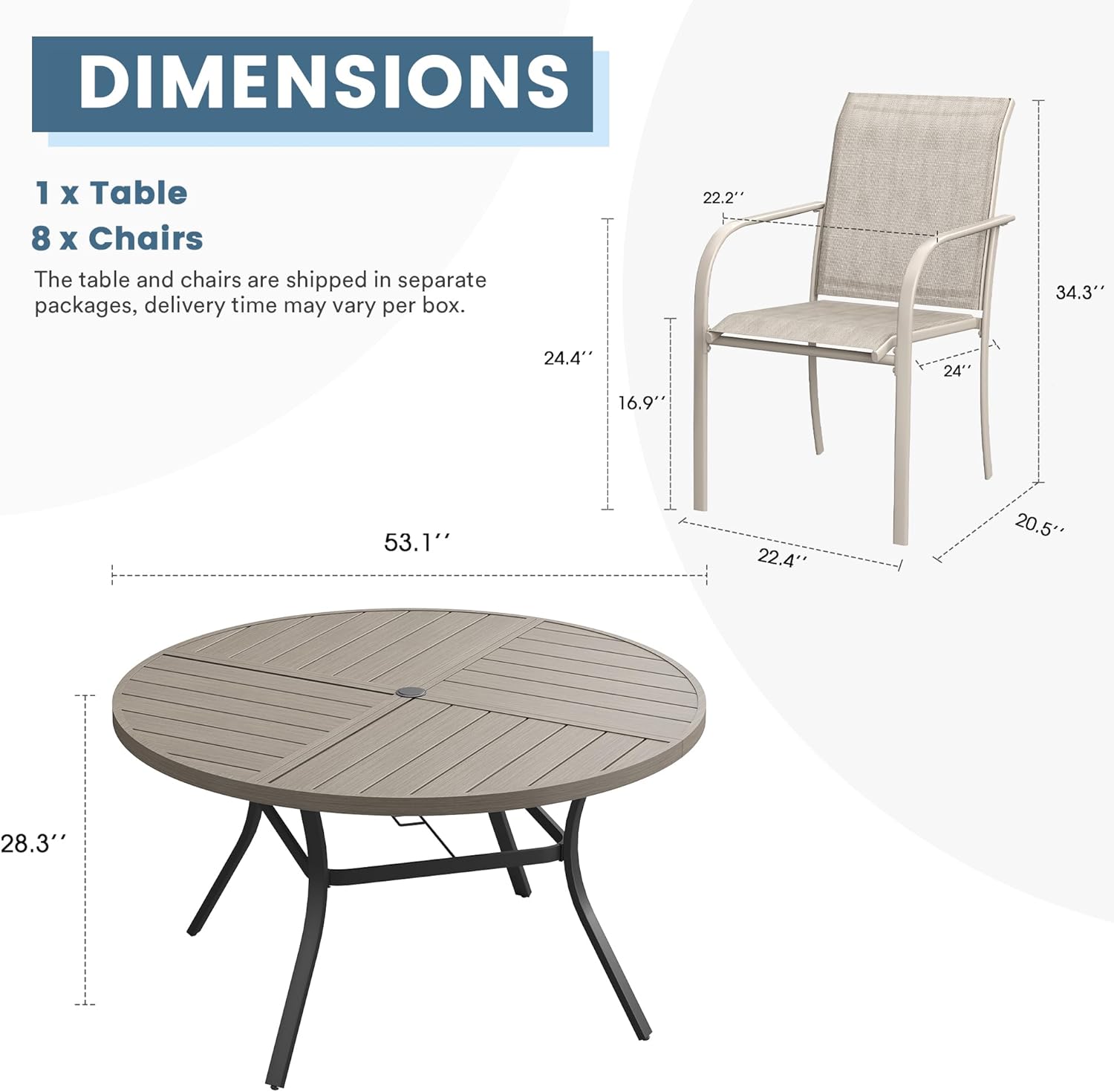 DIFY 9 Pieces Outdoor Patio Dining Set for 8, 53.1" Grey Wood-Like Round Metal Dining Table and 8 Sandshell Stackable Textilene Patio Chairs, Outdoor Table and Chairs for Backyard Garden Poolside