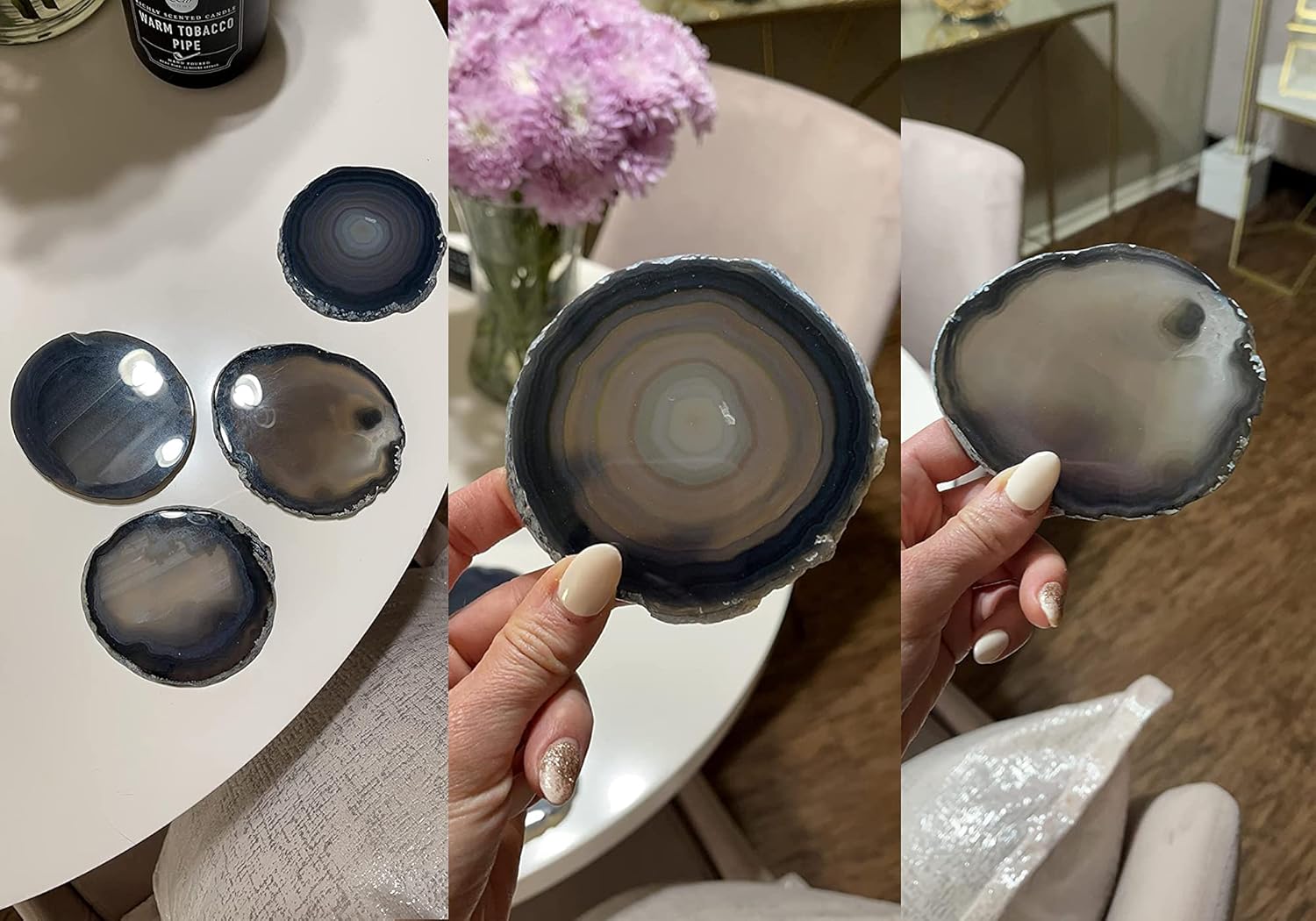 AMOYSTONE Black Agate Coasters Set of 4, 2.7-3 Inch Mini Stone Coasters, Non-Absorbent Coasters, Executive Gift for Men, Office Desk Accessories