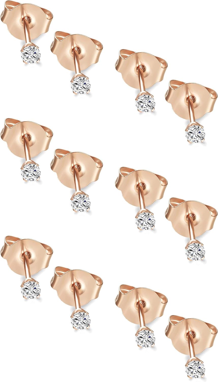 Udalyn 6-12 Pairs Tiny 2mm Stainless Steel Stud Earrings For Mens Womens CZ Round Ball Earrings Set