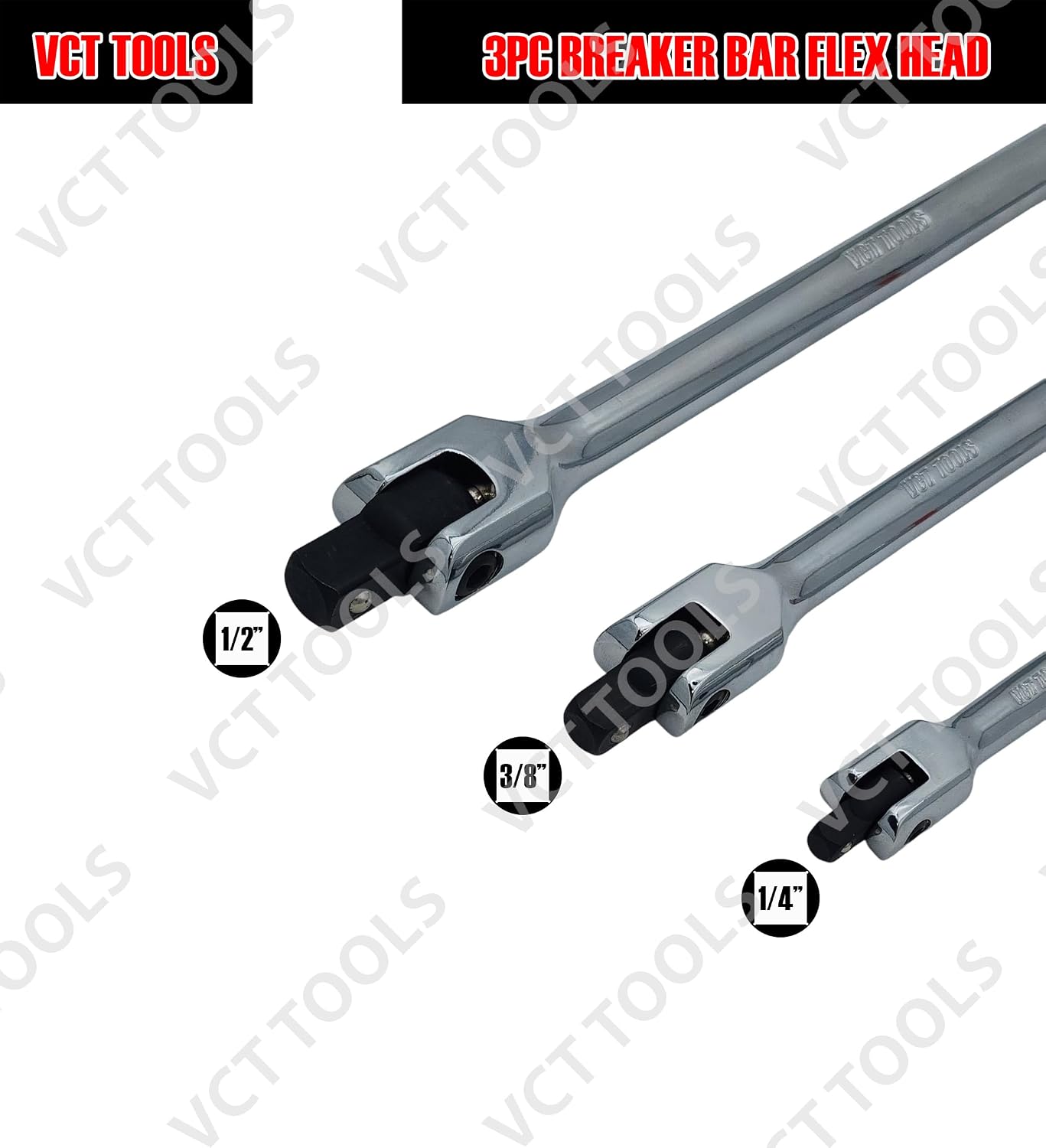 VCT 3pc Breaker Bar Set 1/4" 3/8'' 1/2'' Dr Breaker Bars 6" 10" 15" Length, Includes Carrying Pouch