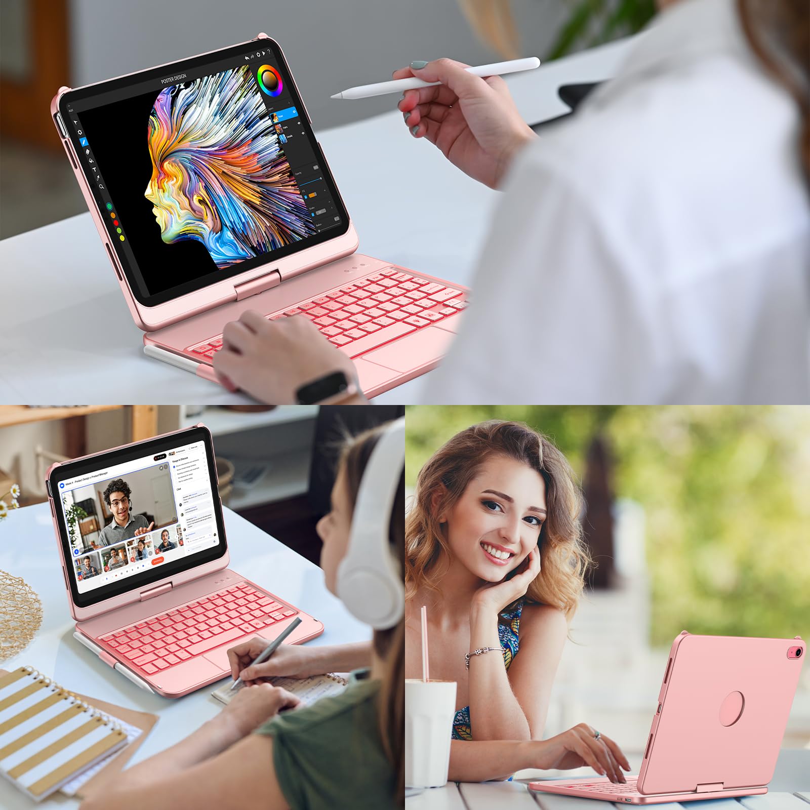 aMZCaSE Clavier pour iPad 10/11 Ème Gen(10.9Pouces 2022/11 A16 2025) avec Housse de Protection Rotative à 360° Porte-Stylet étui Clavier Rétroéclairé 7 Couleurs rétro-éclairé Français (Or Rose)