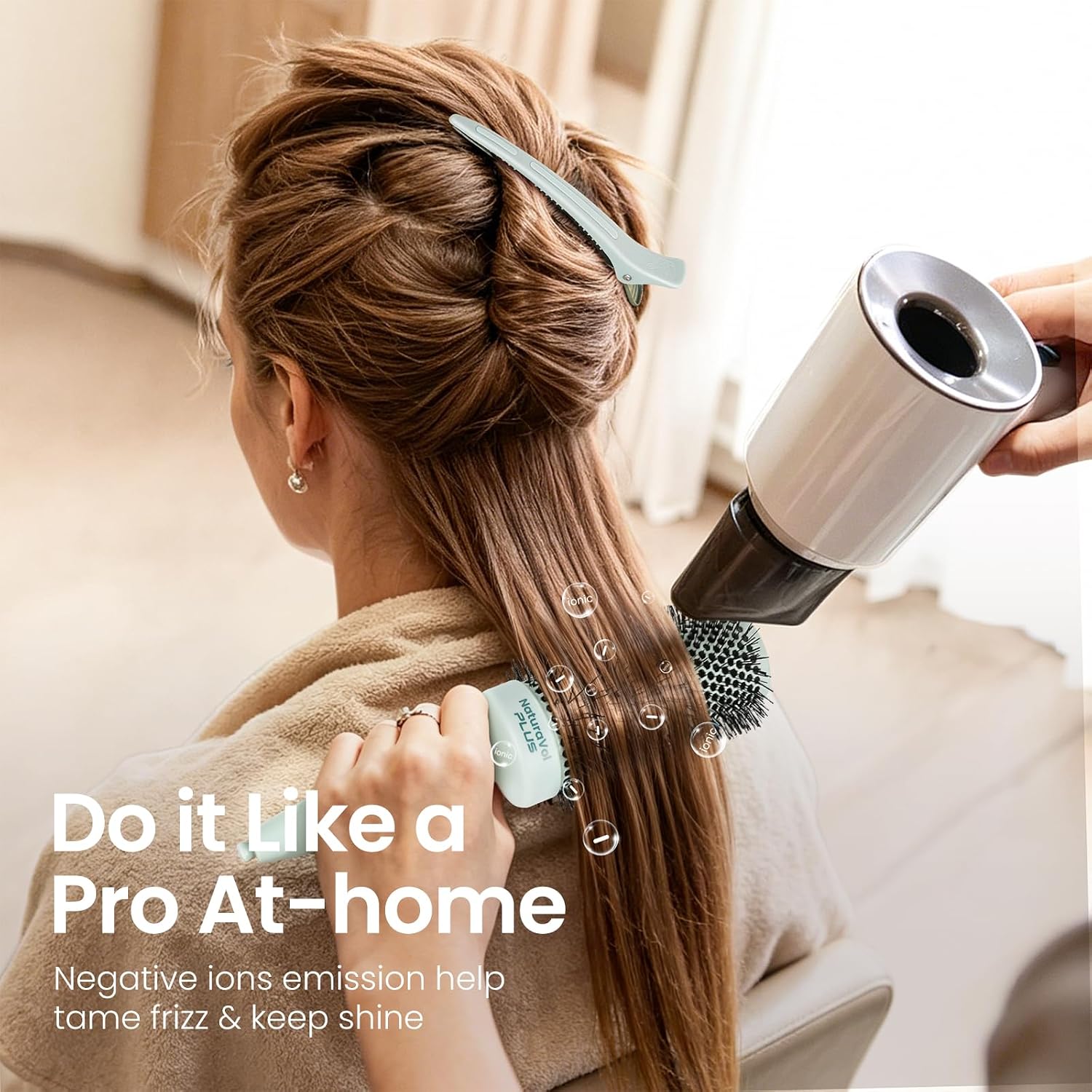 AIMIKE NaturaVol PLUS Extra-long Round Brush for Blow Out, Large Round Brush Nano Thermal Ceramic Tech, Faster Blow Drying for Long Thick Hair, 2.1"Barrel (3" w/Bristle) for Volume Shine, Home Styling