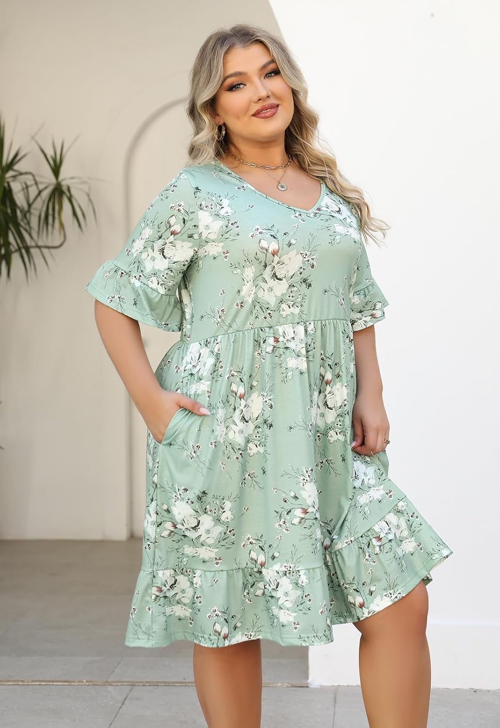 Celkuser Plus Size Summer Midi Casual Ruffle Short Sleeve Dress Lightweight Flowy Babydoll Beach Dress for Women with Pocket - Image 3