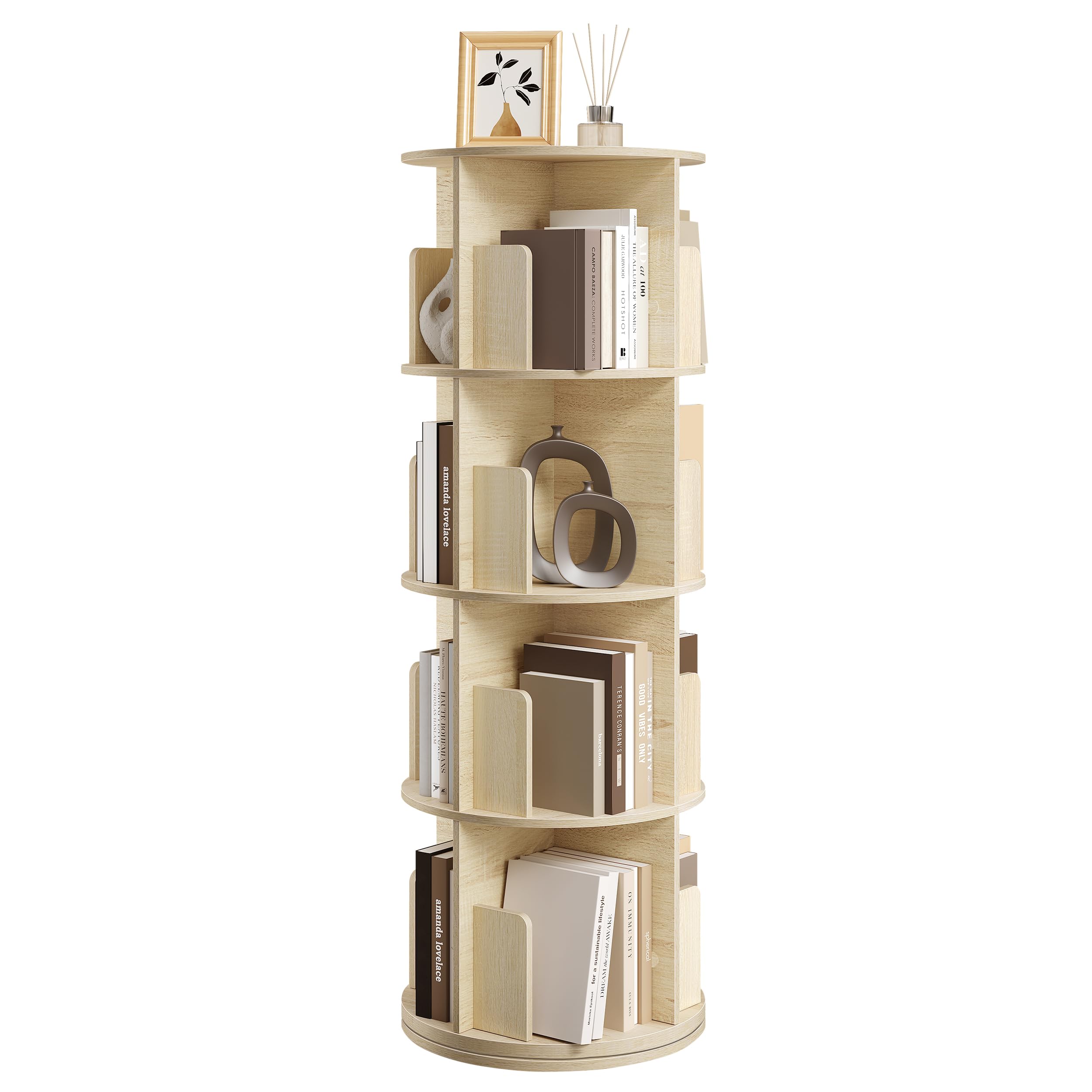 EUGAD drehbares Bücherregal 360 Grad, 4 Ebenen 16 Fächer, Standregal, Drehregal, Büroregal, Dekoregal, Lagerregal, für Wohnzimmer Schlafzimmer Büro Kinderzimmer, helle Eiche, φ44xH127,4 cm 0045SHG