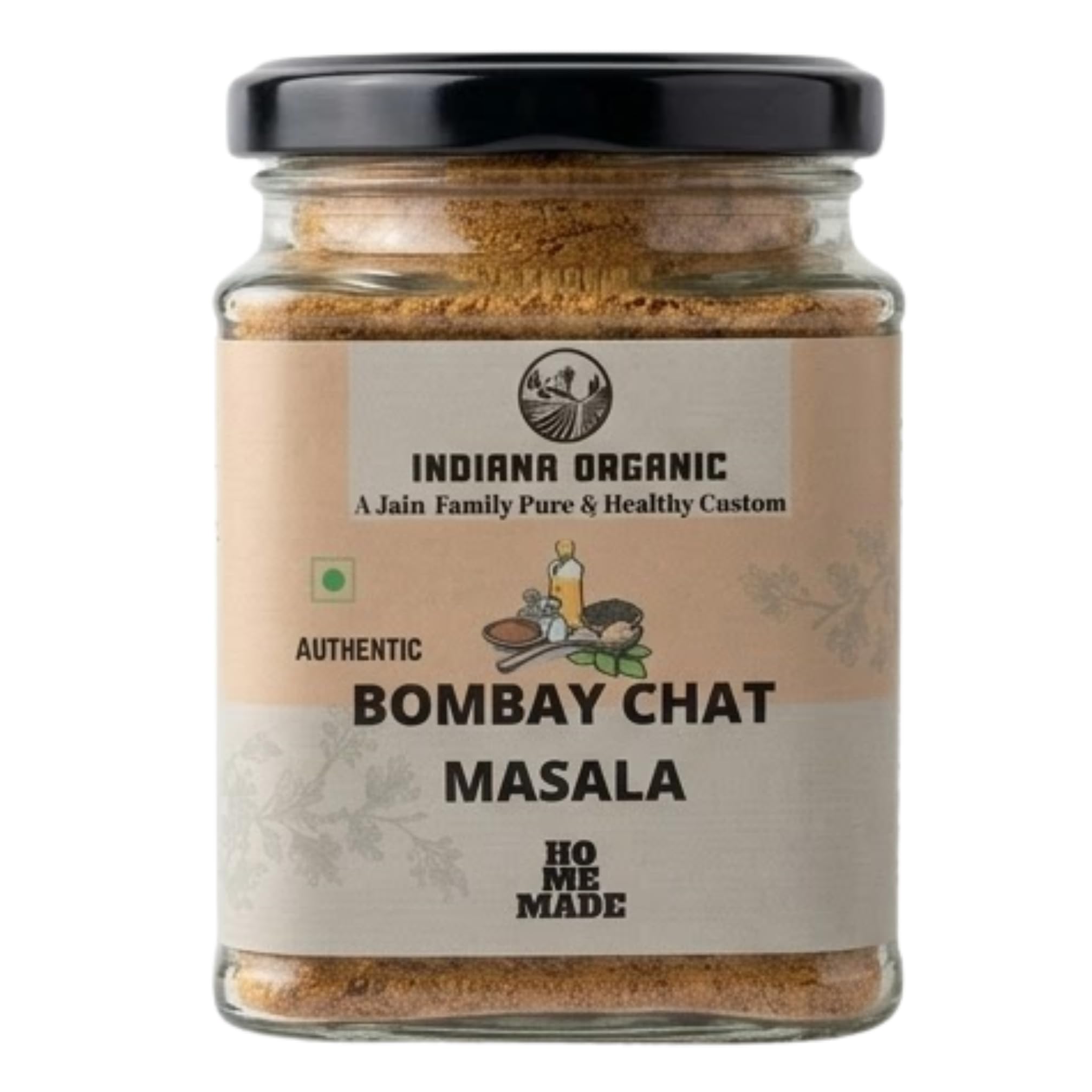 Indiana Organic Bombay Chat Masala (150g) | Pure Jain & No Onion-Garlic Spice Blend | Low Salt & High Spice Potency | Freshly Packed Authentic Indian Chaat Masala for Salads, Fruits, and Snacks