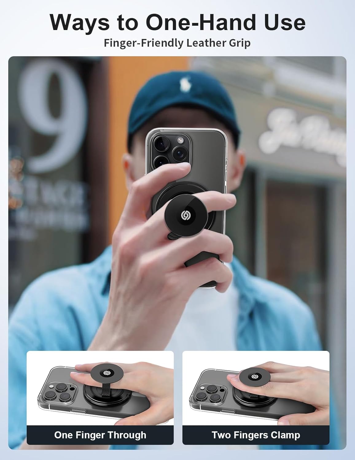 EWA MagOne Ultra (Plate Edition) Phone Grip Stand with Leather Grip & Meal Finger Ring-Black