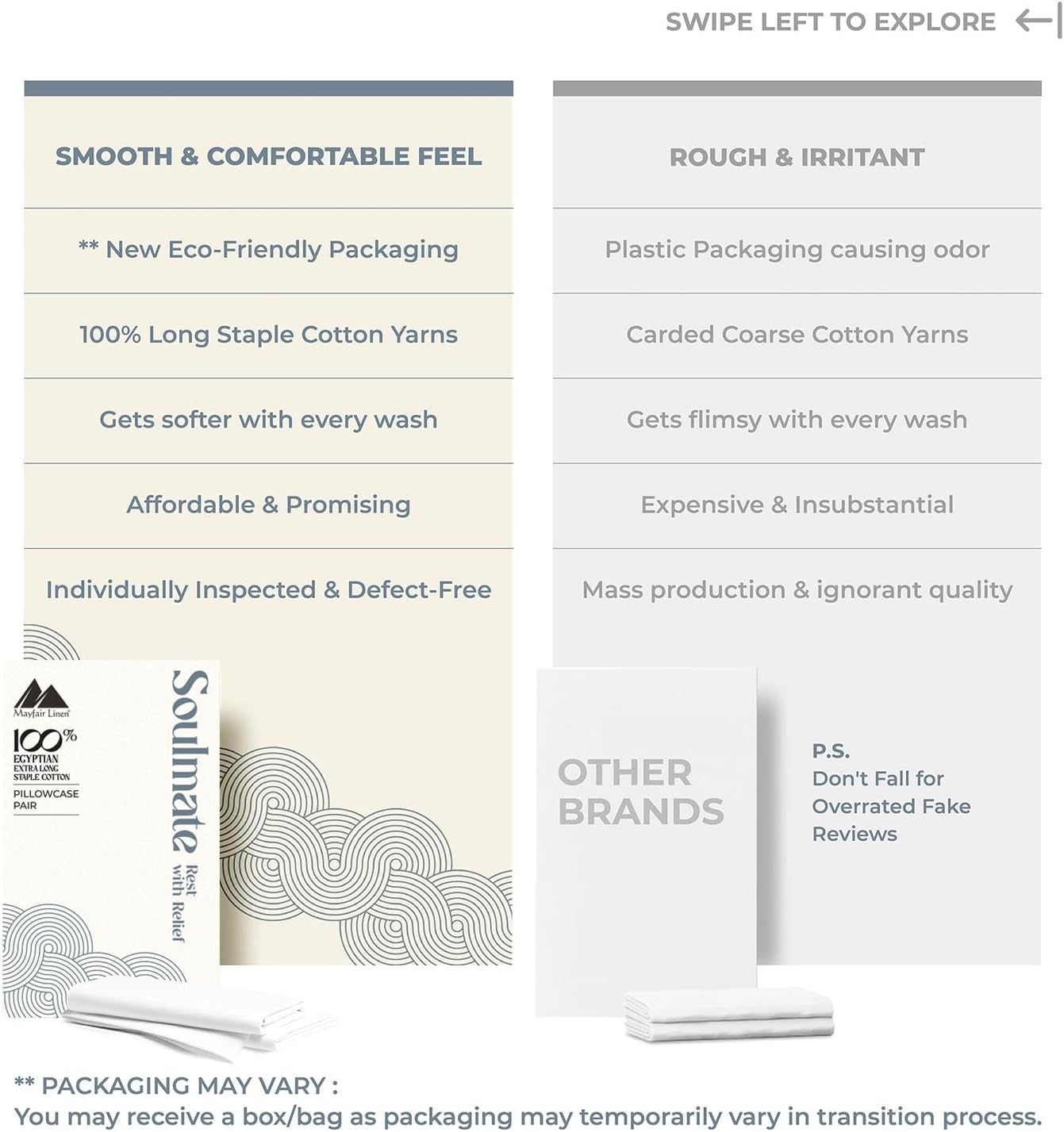 Mayfair Linen 100% Egyptian Cotton King Size Pillow Cases Set of 4 - Luxury 500 Series Soulmate Collection Cotton Pillowcases King Size (2 Pair, White), Soft, Cooling & Breathable Pillow Covers