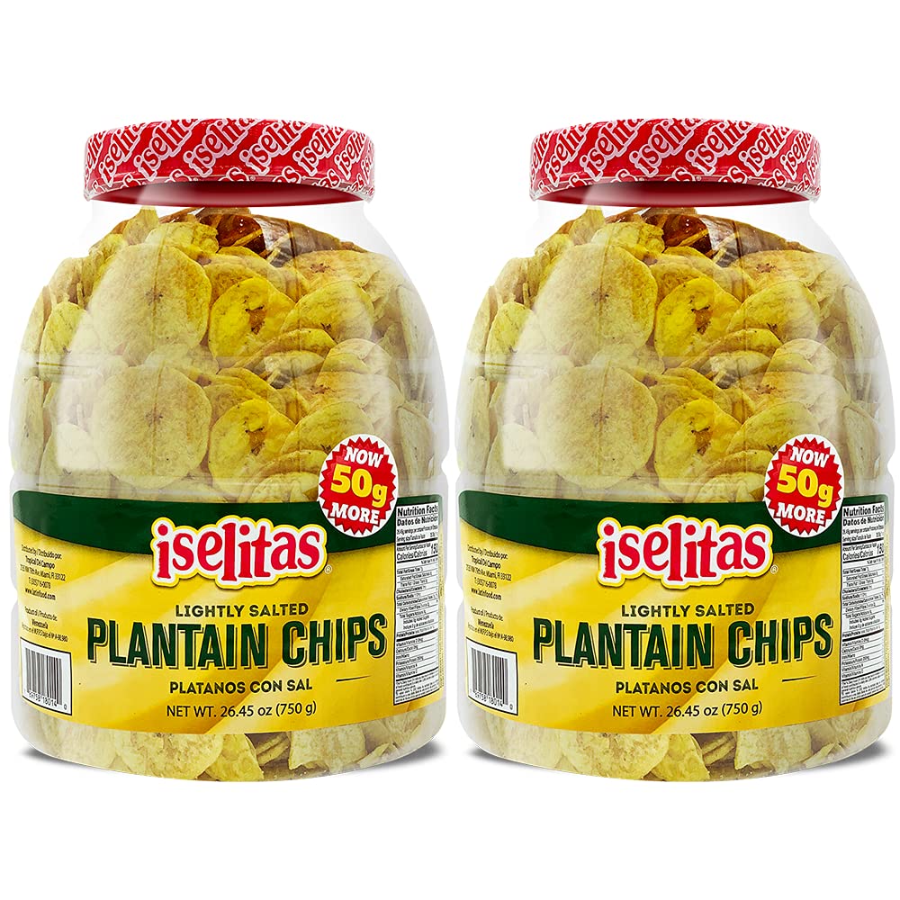 Iselitas | Plantain chip Salted Party Size Jar | Thin & Crispy | Light Salted, Plantain Chips | Farm Packed | Gluten Free | 2 jar | NET WT. 26.45OZ (750g)