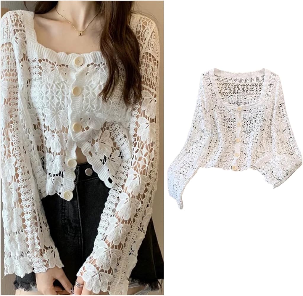Dsgzkk Womens Long Sleeve Hollowed Crochet Knit Floral Lace
