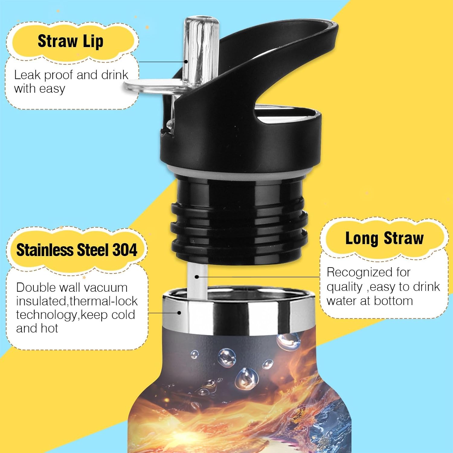 Baseball with Fire and Water Water Bottle Thermos Stainless Steel Vacuum Insulated Mouth Bottle with Wide Handle
