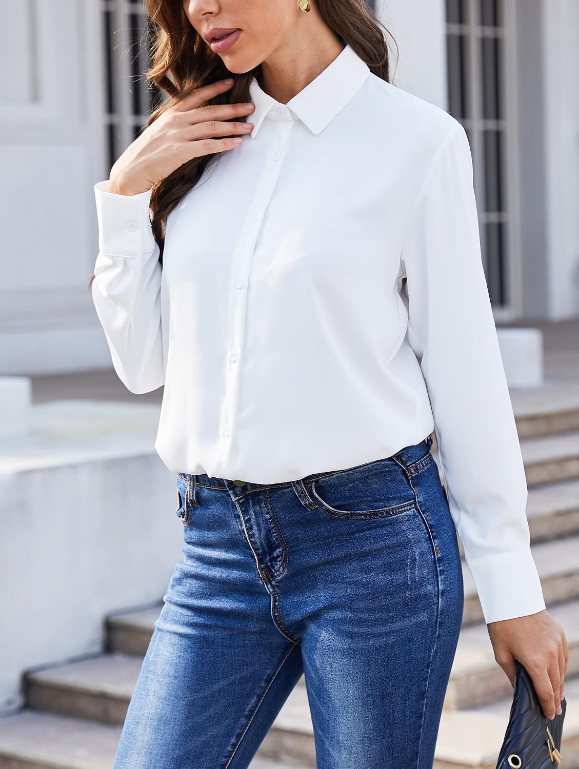 RCL Women's Button Down Dress Shirts Classic Long Sleeve Collared Tops Office Chiffon Blouse Work Shirt