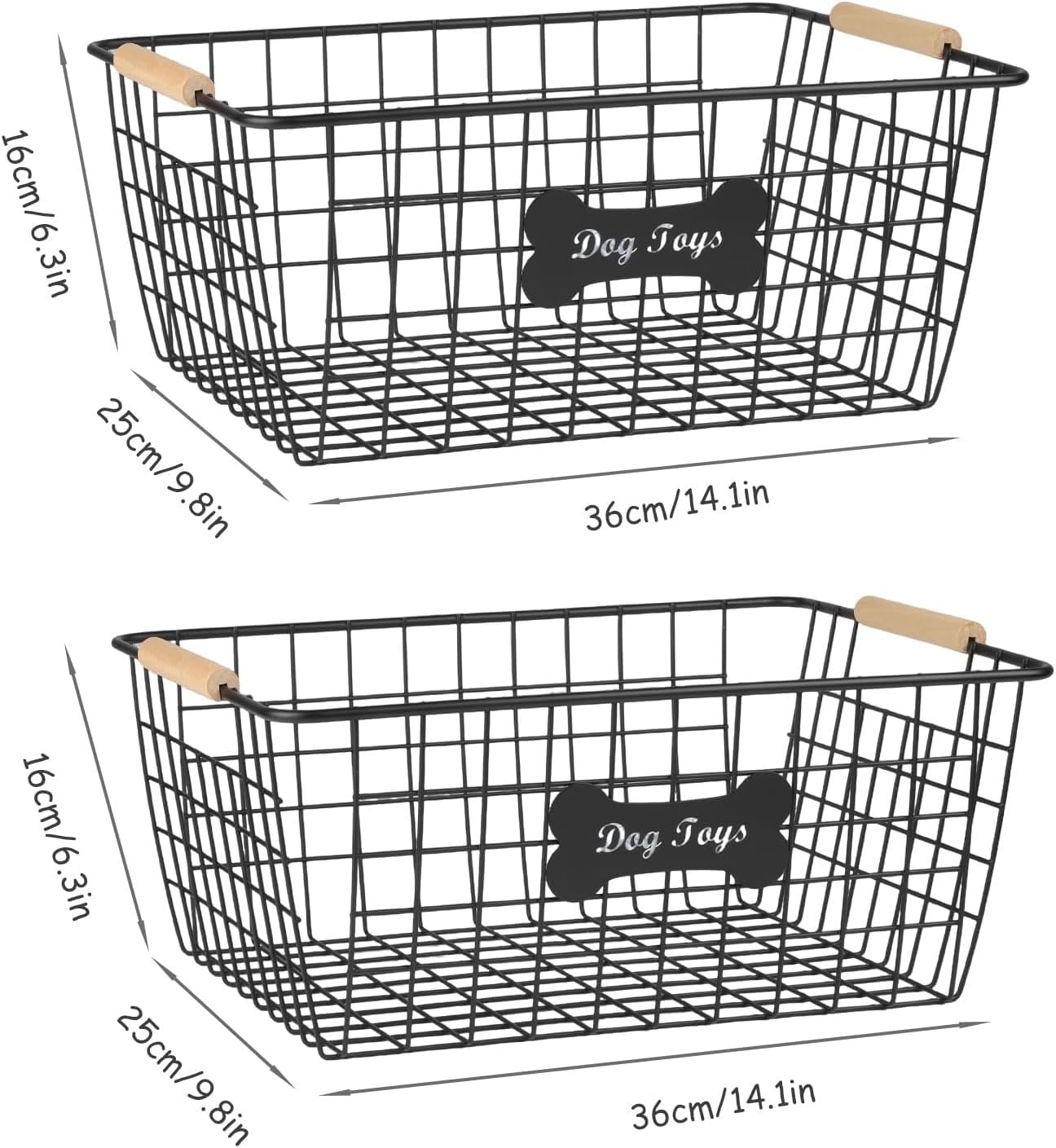 2-piece Metal Dog Toy Basket with Wooden Handles, Indestructible Dogs Toy Storage Bin, Dogs Organizer Box for Living Room-Chew Proof-Ideal for Outdoor and Indoor-Black