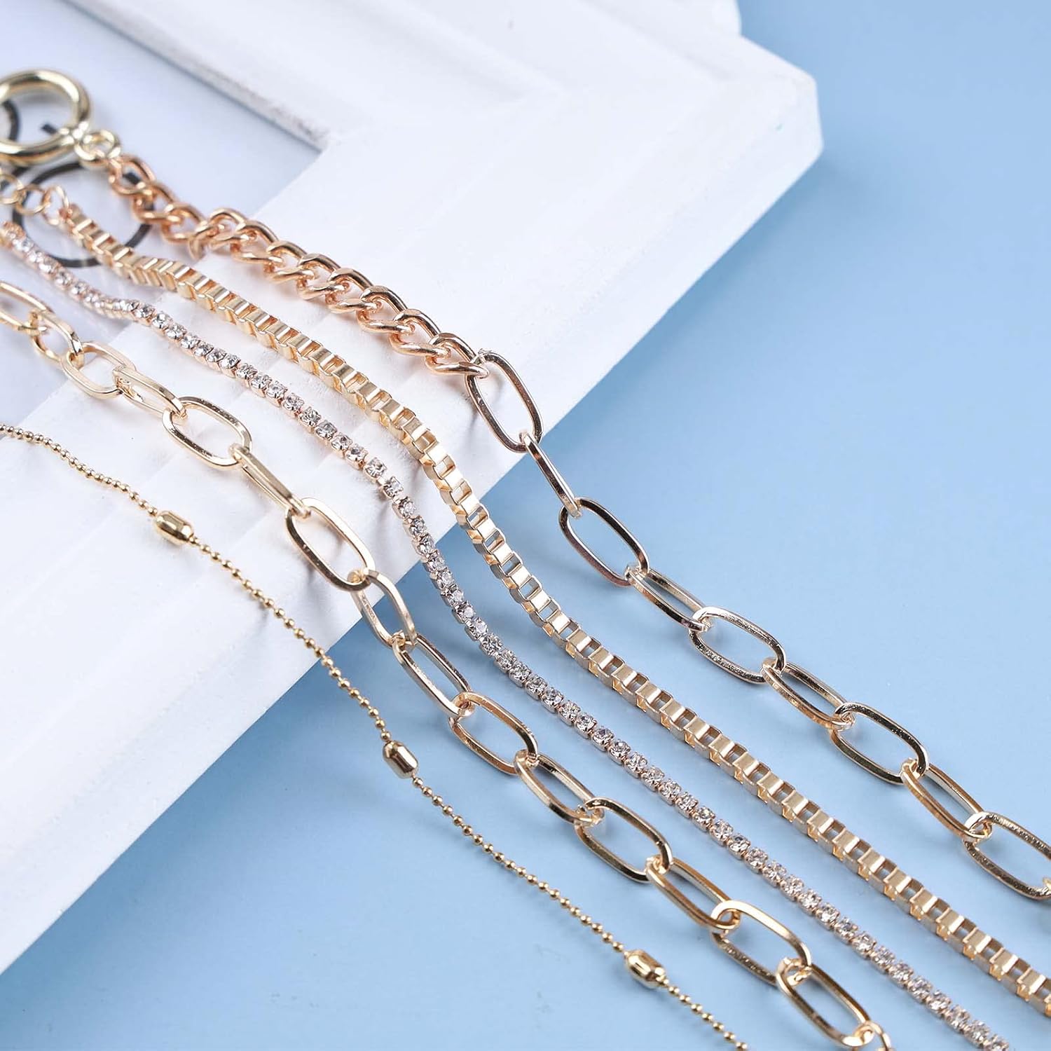 Andelaisi Boho Crystal Tennis Bracelet Layered Cuban Chain Bracelet Vintage Chunky Link Chain Bracelet Punk Paperclip Toggle Bar Bracelet Jewelry for Women - Image 8