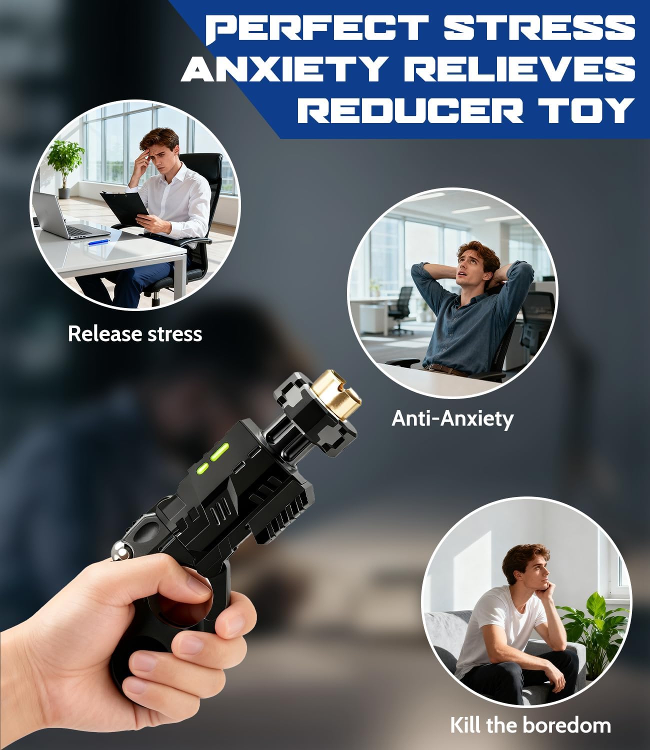 ATESSON Metal Fidget Gun Toy with Shooting and Spinning Gameplay Finger Fidget Toys Adults for EDC ADHD Focus Anxiety Stress Relief Boredom Office Executive Desk Fidget Toy