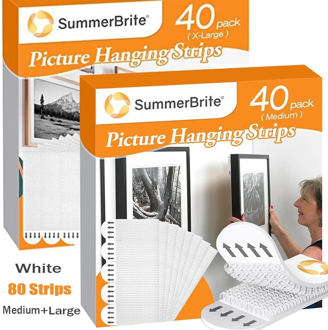 Summerbrite Picture Hanging Strips (Mudium 40 Strips) Bundle with (Large 40 Strips) Wall Strips, Damage Free Hanging Picture Hangers ,Picture Hanging Hooks