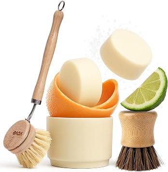 Vove Washing Up Soap, 2 Bars 2 Bamboo/Sisal Brushes 1 Ceramic Cup, Coastal Citrus Mint Mandarin/Spearmint/Cypress/Bergamot Oils, Plant-Based Coconut Soap, FSC Bamboo, Plastic-Free