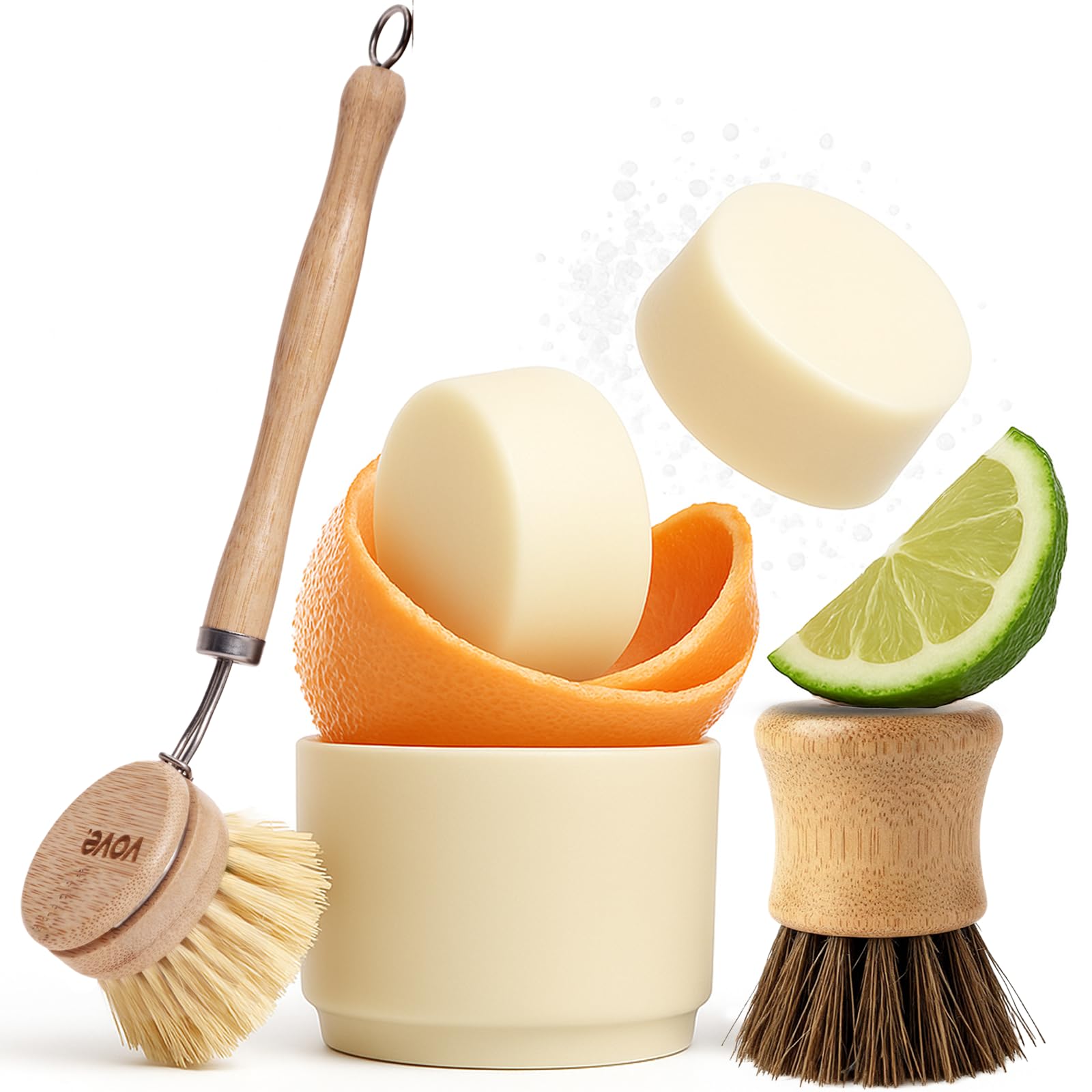 Vove Dish Soap Bundle, 2 Bars, 2 Scrub Brushes and 1 Ceramic Cup