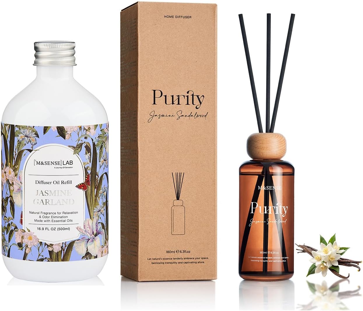 M&SENSE Jasmine Sandalwood 2-Piece Bundle: 6.3oz Diffuser + 16.9oz Refill & Sticks, Long-Lasting Home Fragrance