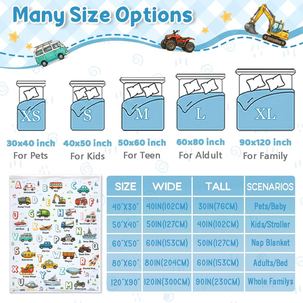 Truck Alphabet Blanket, Construction Blanket, Car Throw for Boys
